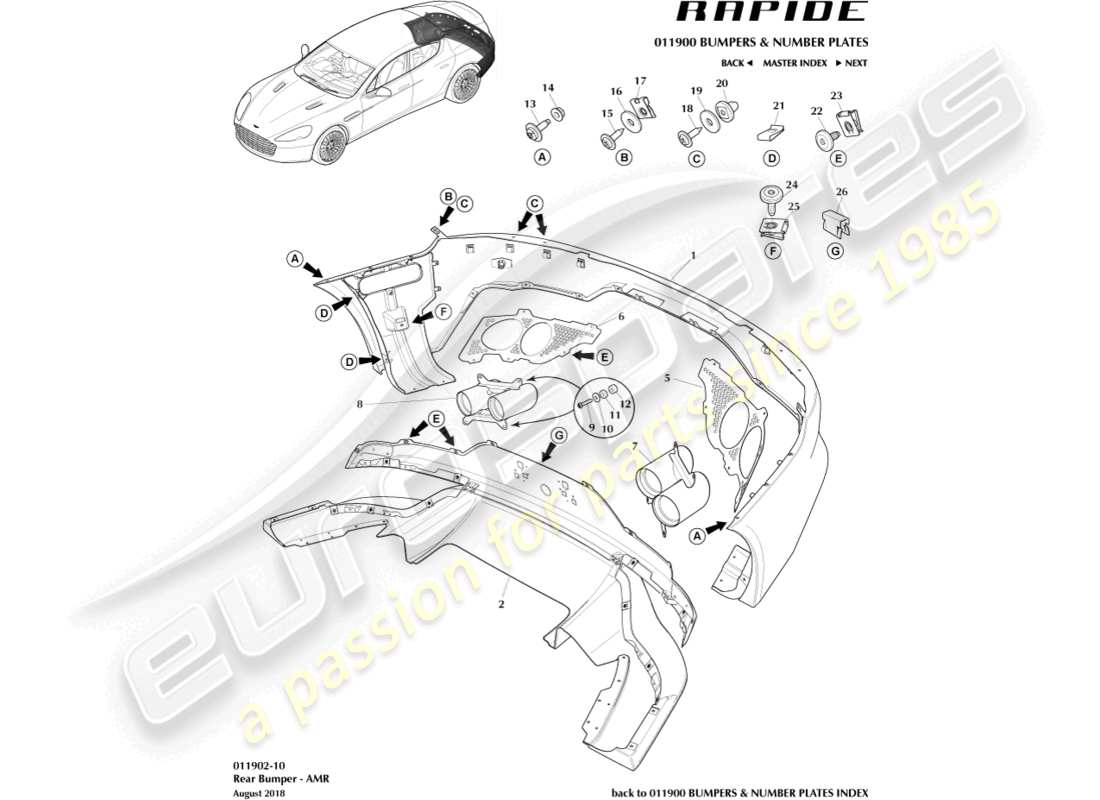 aston martin rapide (2014) rear bumper, amr part diagram