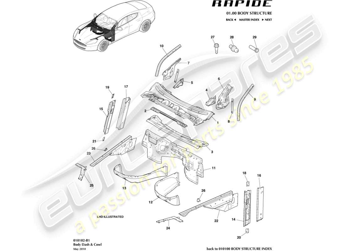 aston martin rapide (2016) body dash & cowl part diagram