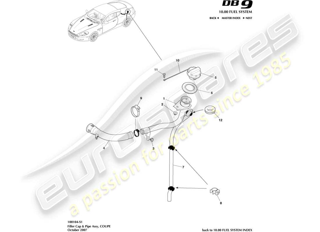 aston martin db9 (2007) fuel filler cap & pipe, coupe part diagram