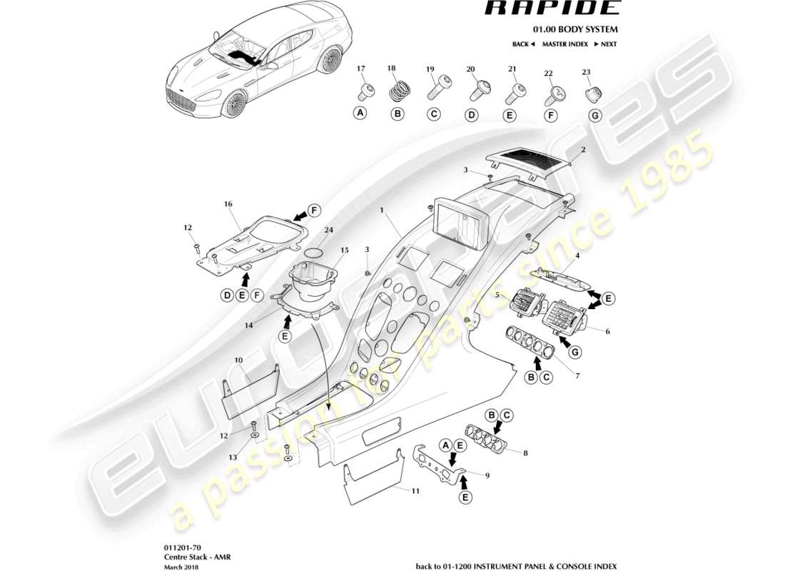 aston martin rapide (2016) centre stack trim panel, amr part diagram