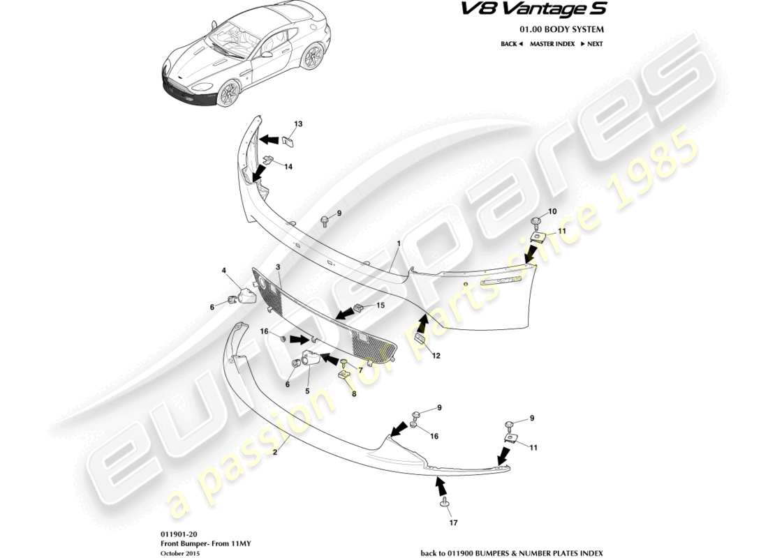 aston martin v8 vantage (2014) front bumper, 12.25my on & v8s part diagram