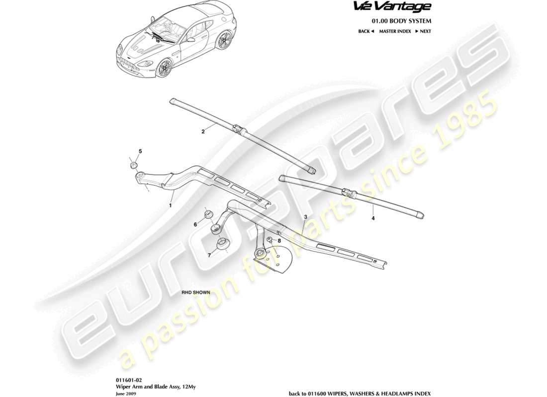 aston martin v12 vantage (2013) wiper blade assembly, 12my part diagram