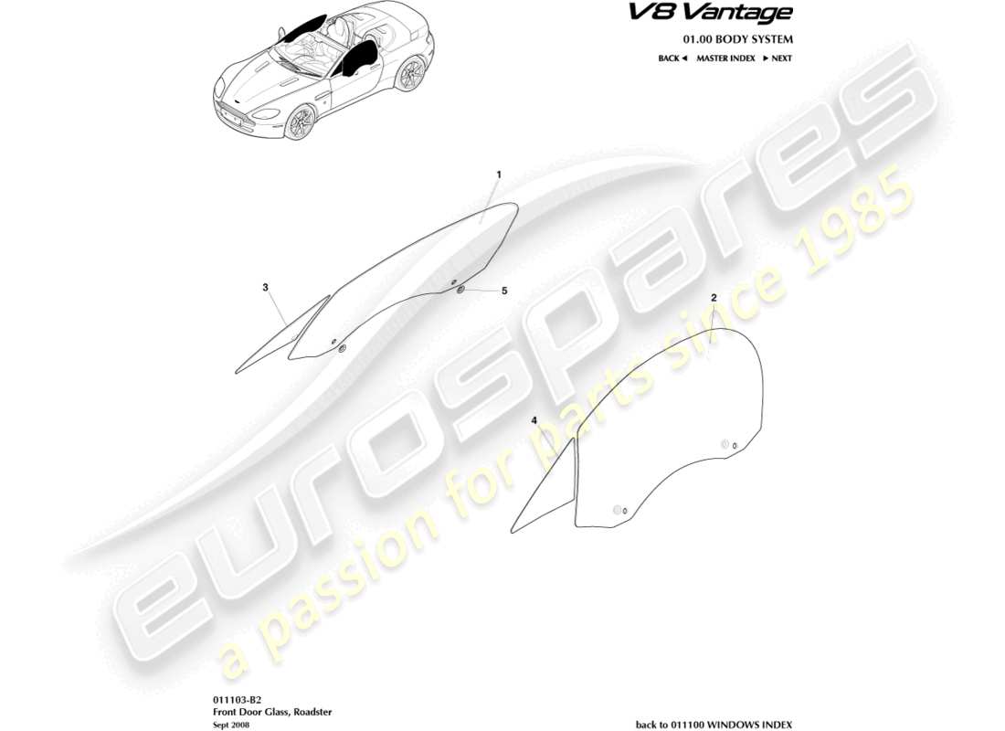 aston martin v8 vantage (2011) door glass, roadster part diagram