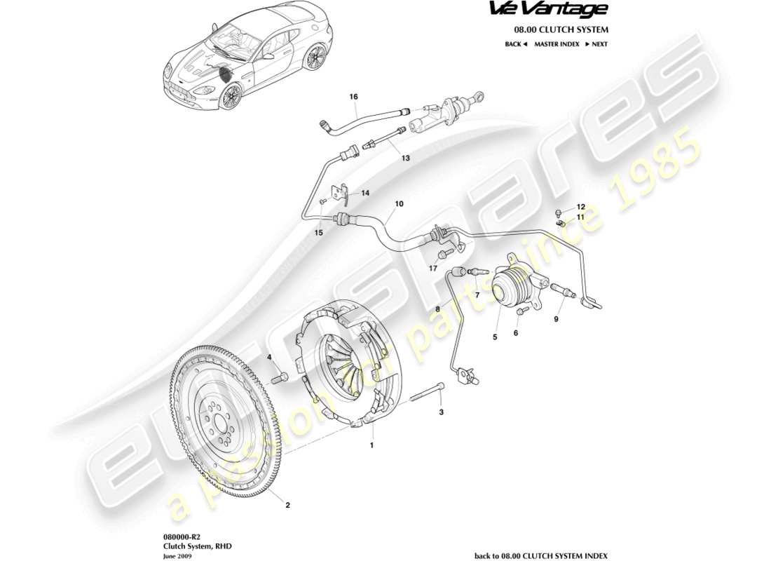 aston martin v12 vantage (2010) clutch system, rhd part diagram