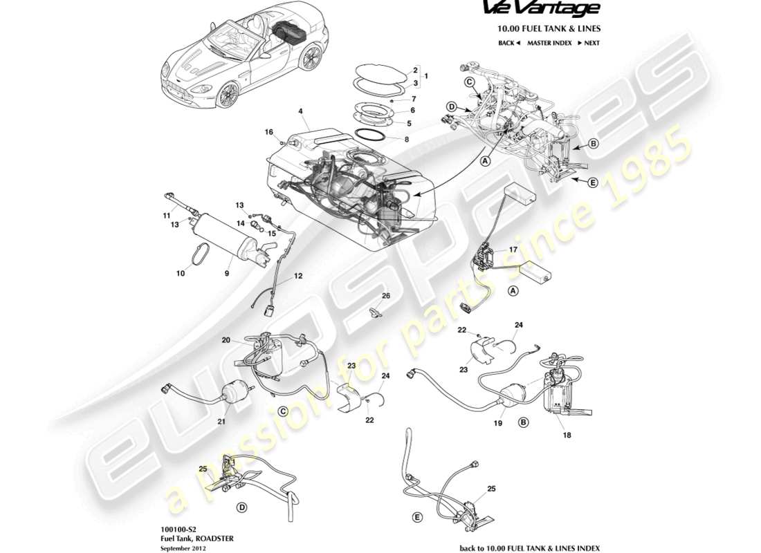 aston martin v12 vantage (2010) fuel tank assy, roadster part diagram