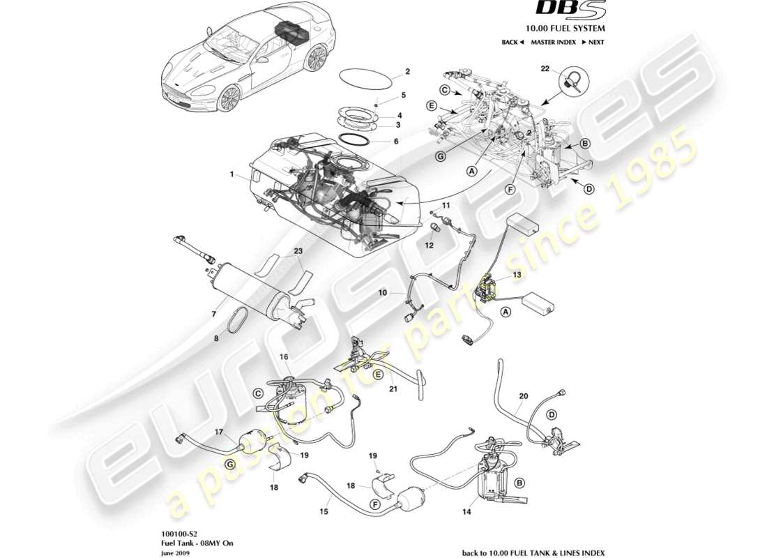 aston martin dbs (2007) fuel tank assy, 08my on part diagram