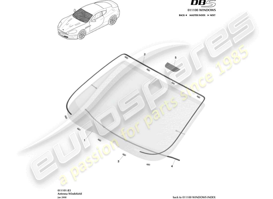 aston martin dbs (2007) windshield part diagram
