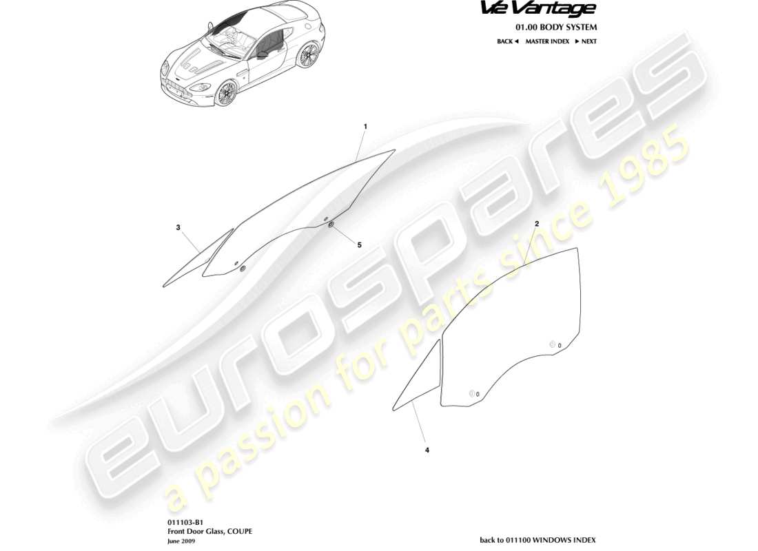 aston martin v12 vantage (2013) door glass, coupe part diagram