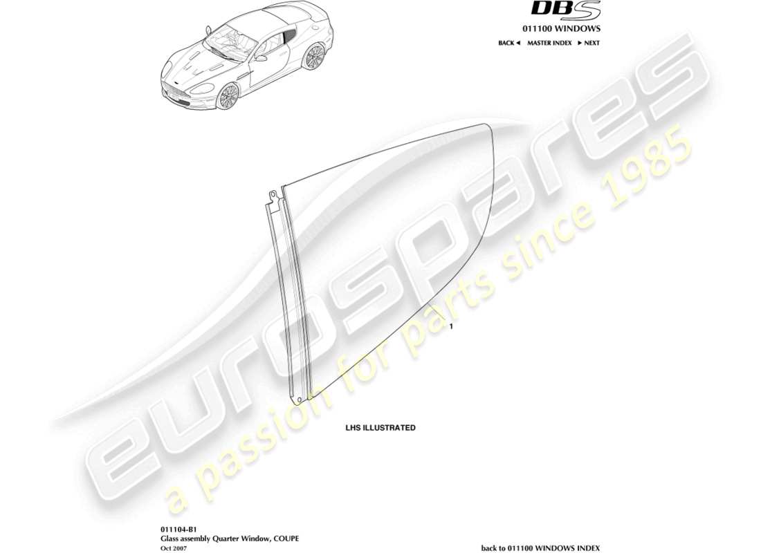 aston martin dbs (2007) rear quarter glass, coupe part diagram