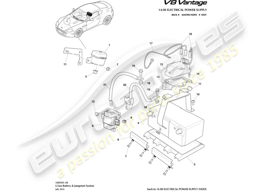 aston martin v8 vantage (2011) battery, lithium ion part diagram