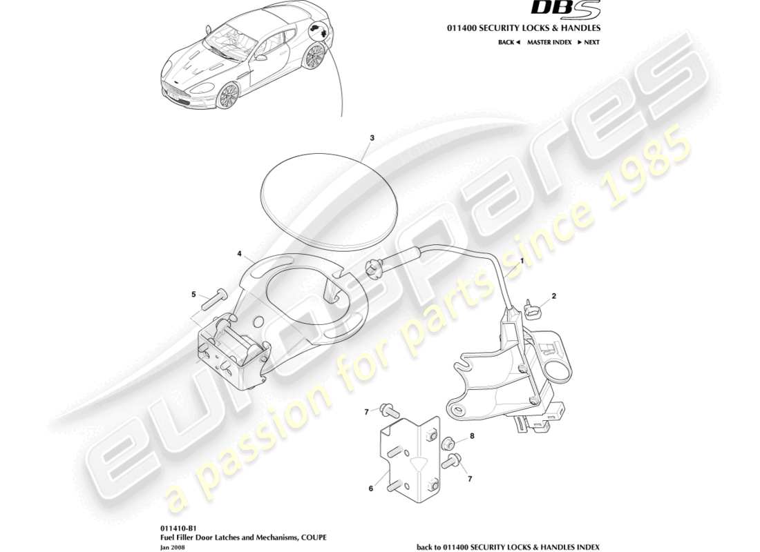 aston martin dbs (2009) fuel filler mechanism, coupe parts diagram