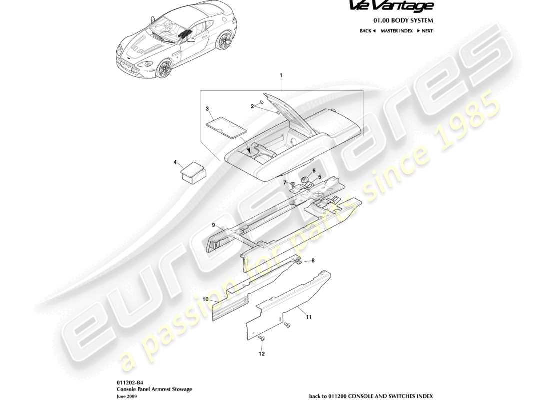 aston martin v12 vantage (2010) centre console with armrest part diagram