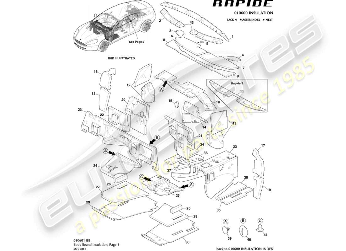aston martin rapide (2017) noise insulation, front part diagram