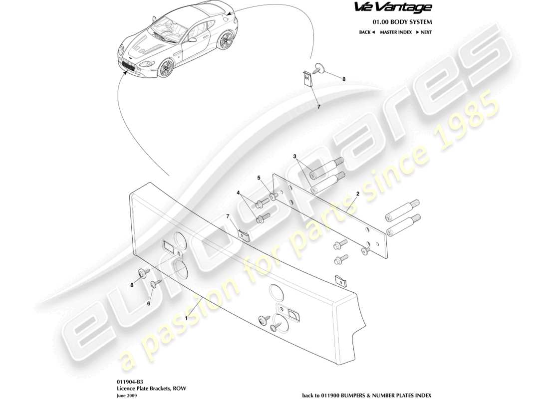 aston martin v12 vantage (2011) license plate brackets, row part diagram