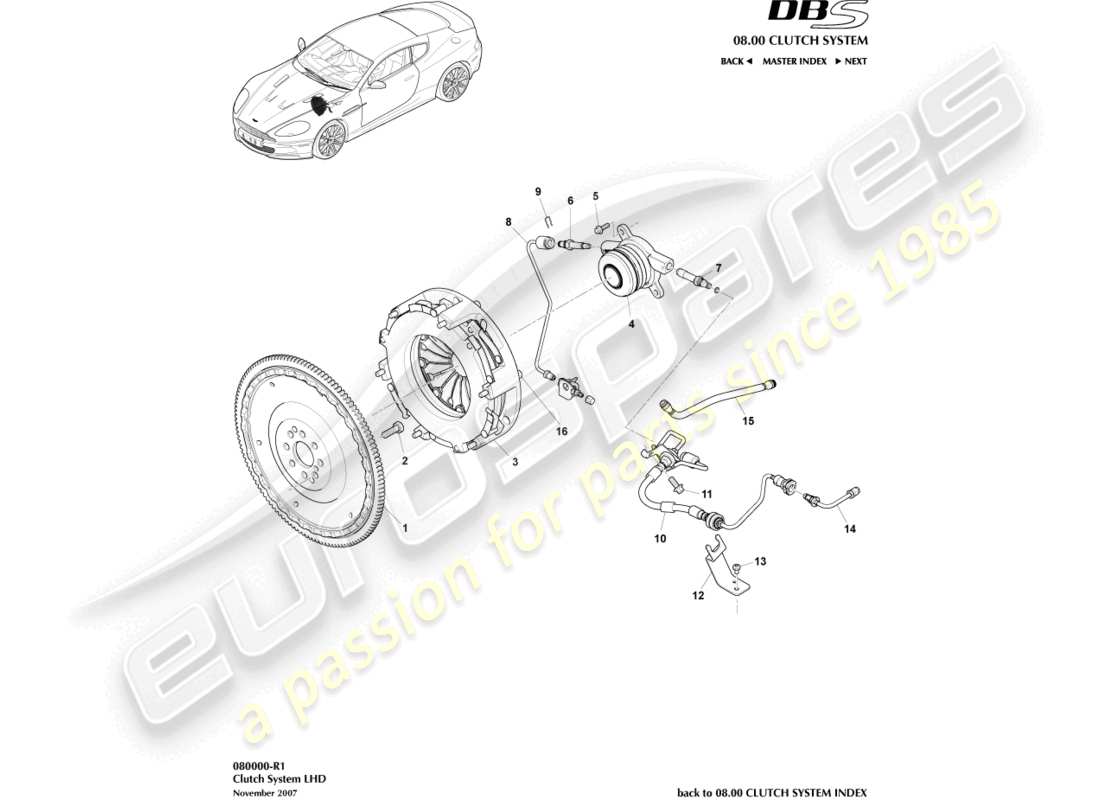 aston martin dbs (2007) clutch system, lhd part diagram