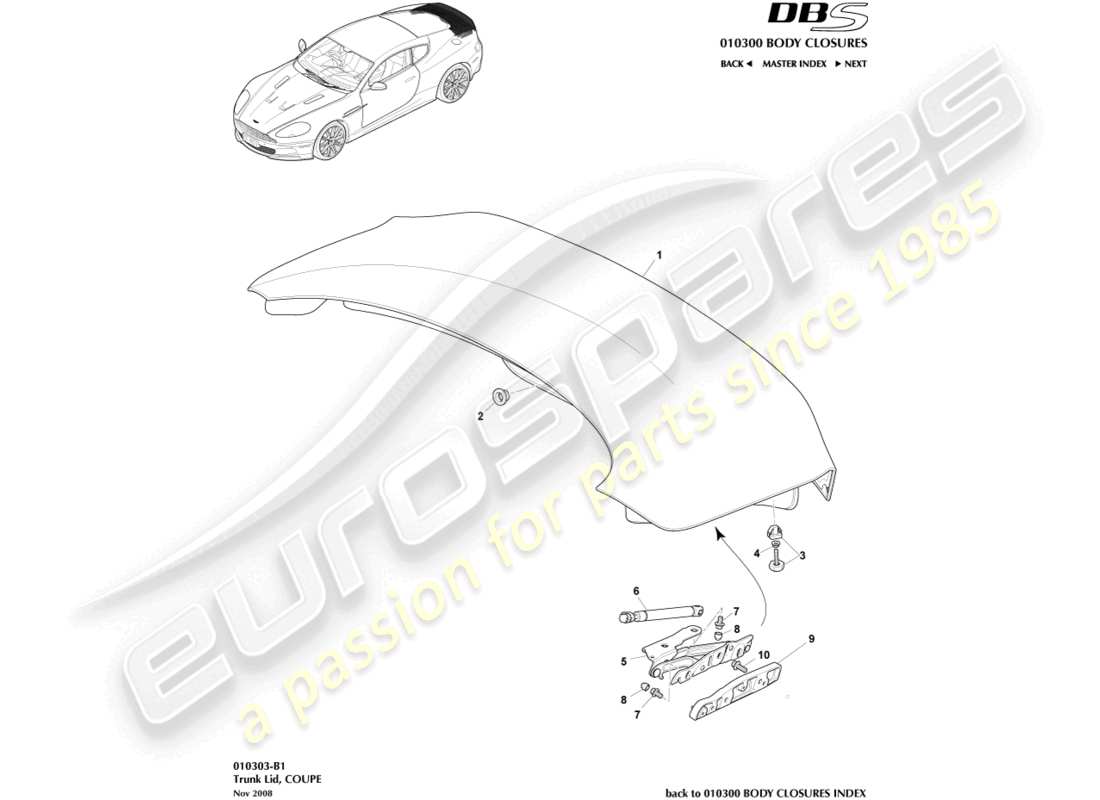 aston martin dbs (2007) trunk lid, coupe part diagram