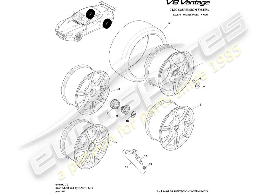 aston martin v8 vantage (2011) rear wheels & tyres, gt8 part diagram