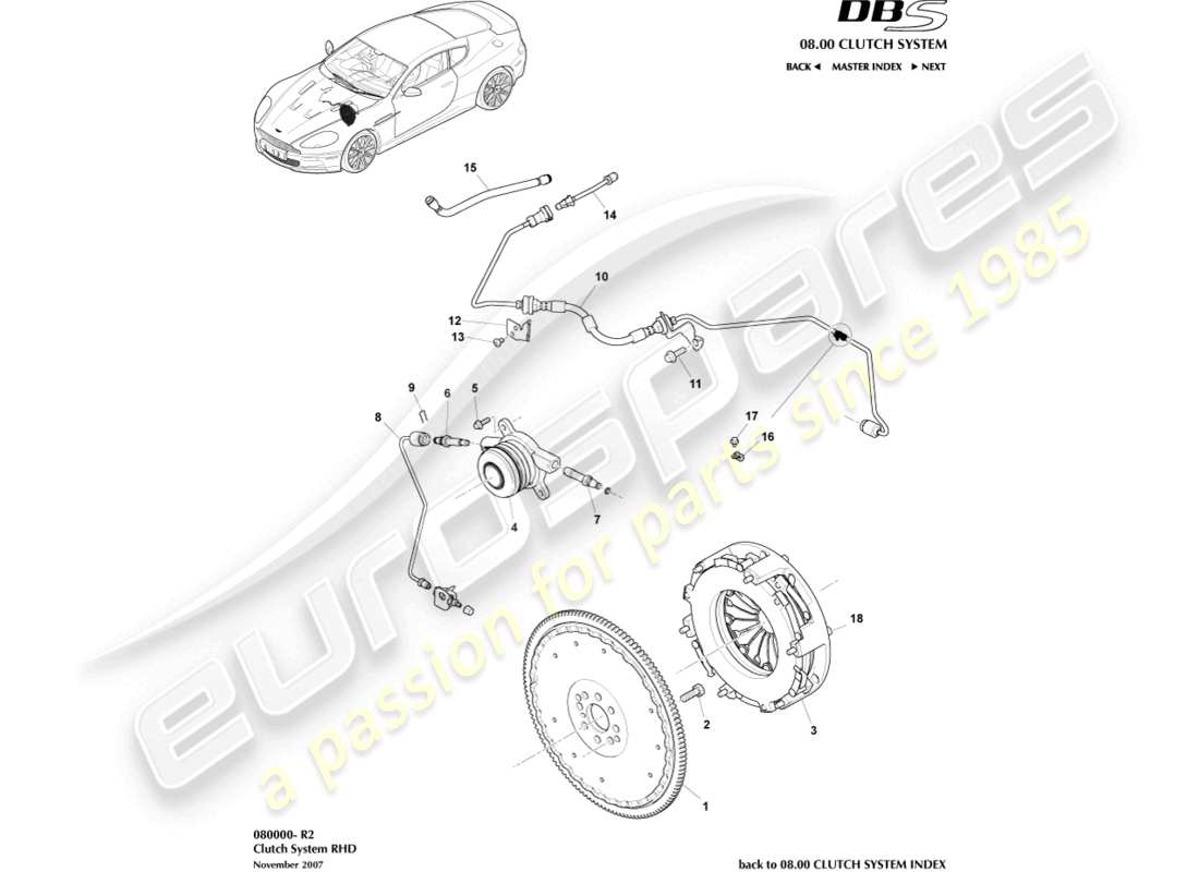 aston martin dbs (2007) clutch system, rhd part diagram