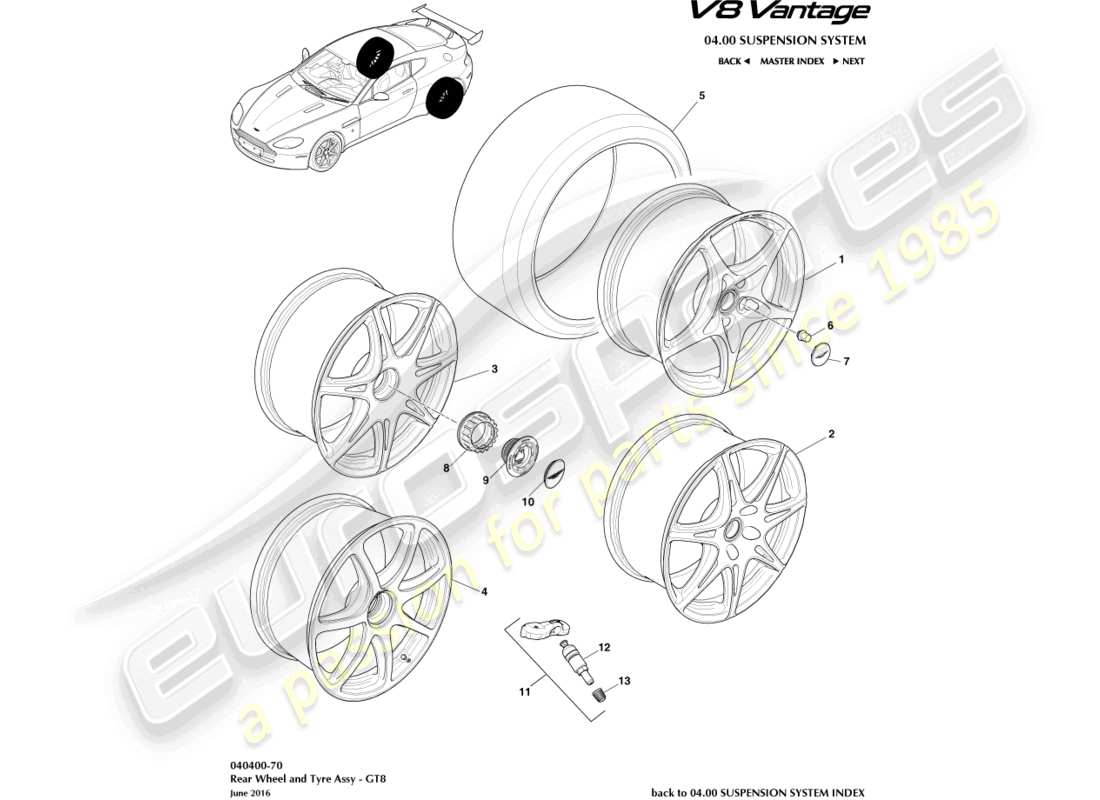 aston martin v8 vantage (2006) rear wheels & tyres, gt8 parts diagram