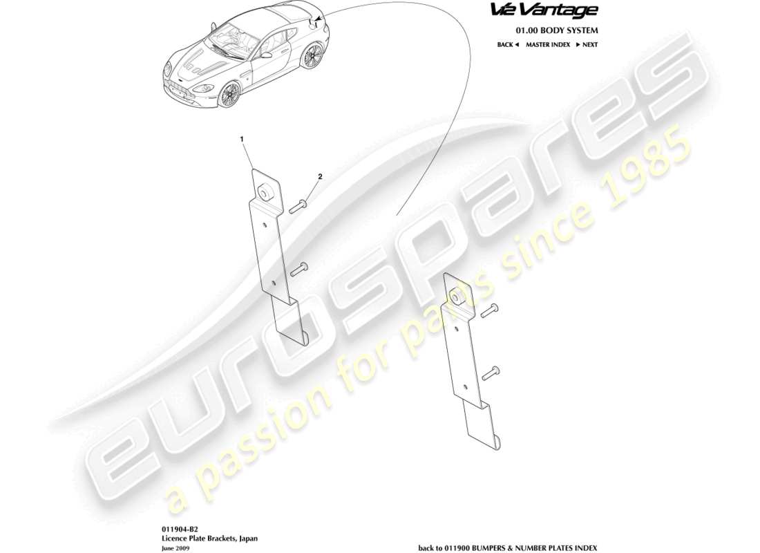aston martin v12 vantage (2011) license plate brackets, japan part diagram