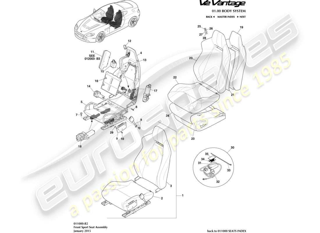 aston martin v12 vantage (2011) front sports seat part diagram