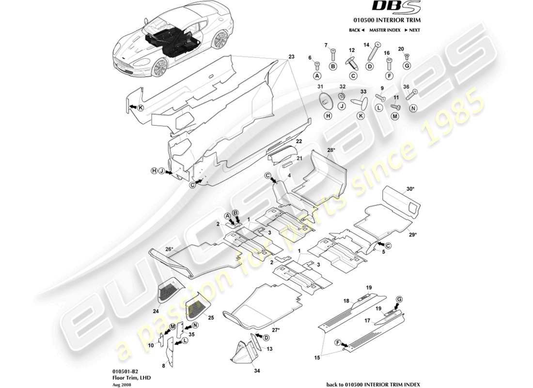 aston martin dbs (2011) floor trim, lhd part diagram
