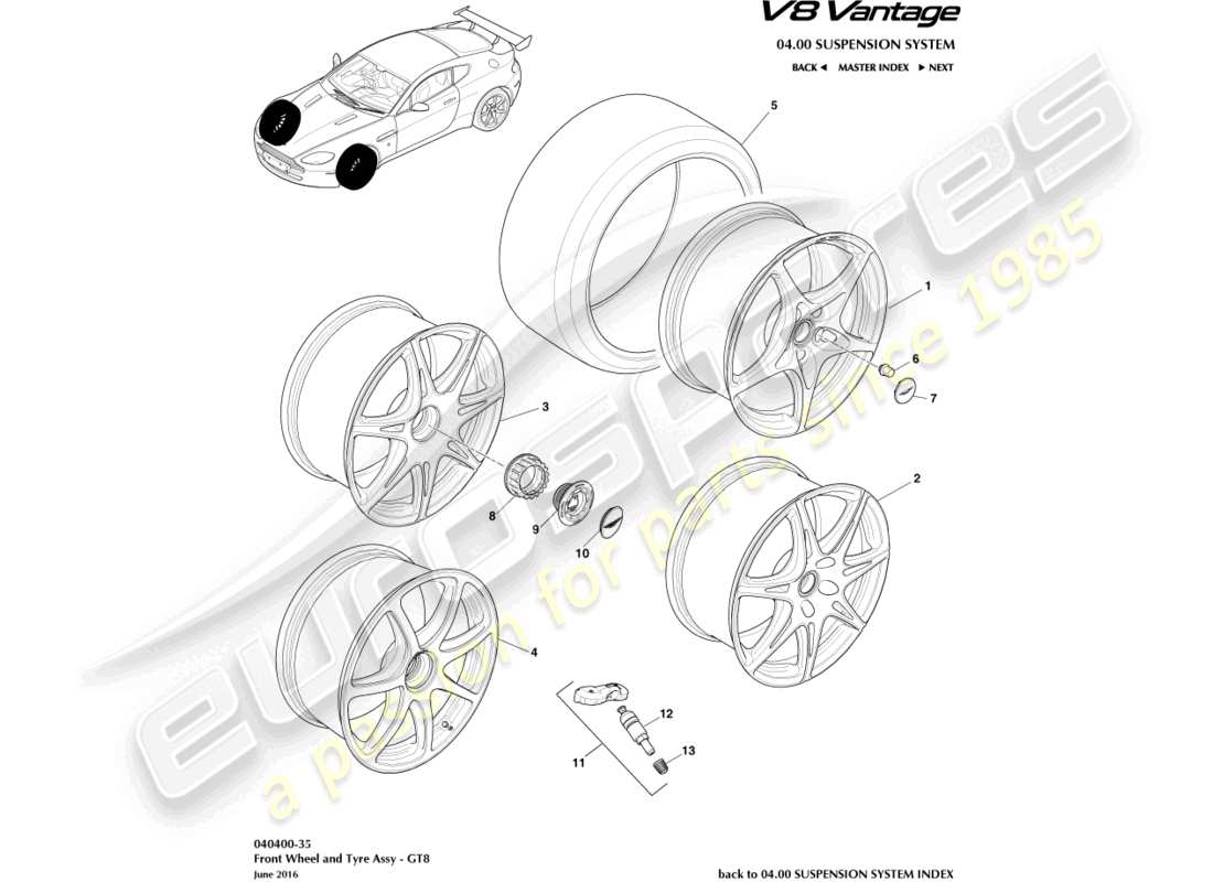 aston martin v8 vantage (2010) front wheels & tyres, gt8 part diagram