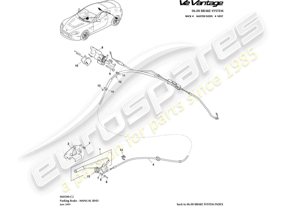 aston martin v12 vantage (2010) parking brake, rhd part diagram
