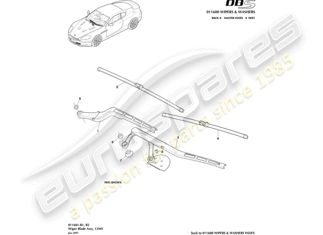 aston martin dbs (2012) wiper blade assembly, 12my part diagram
