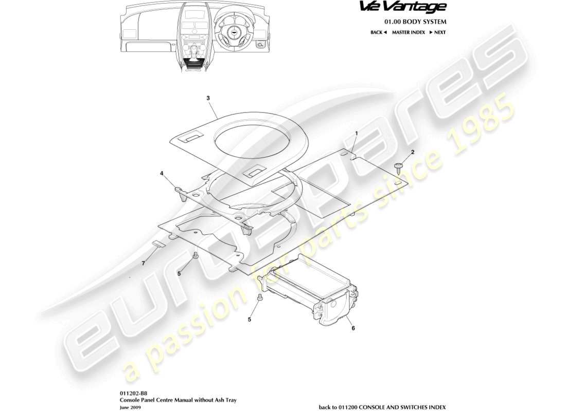 aston martin v12 vantage (2011) front console, less ashtray part diagram