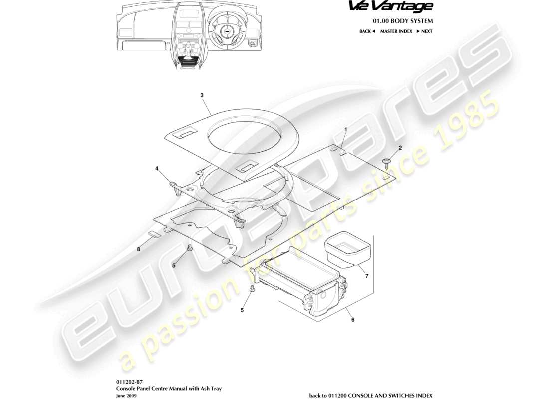 aston martin v12 vantage (2010) front console, with ashtray part diagram
