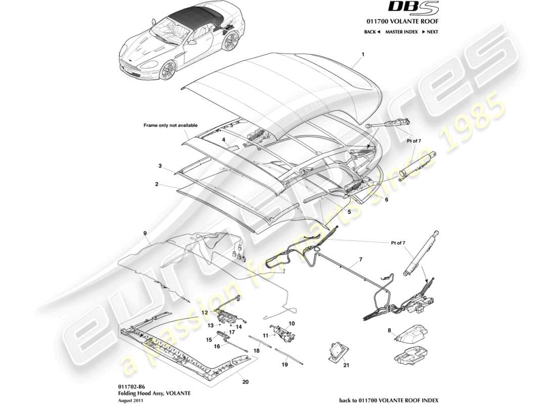 aston martin dbs (2007) volante roof assembly part diagram