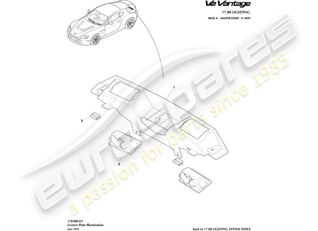aston martin v12 vantage (2010) license plate lamps part diagram