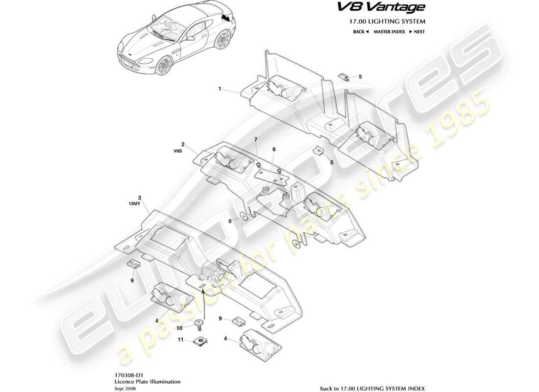 aston martin v8 vantage (2006) license plate lamps part diagram