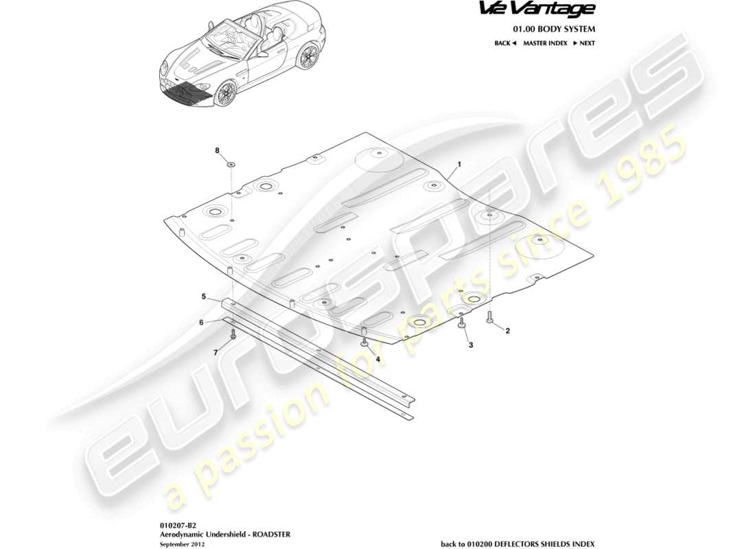 aston martin v12 vantage (2013) front undershield, roadster part diagram