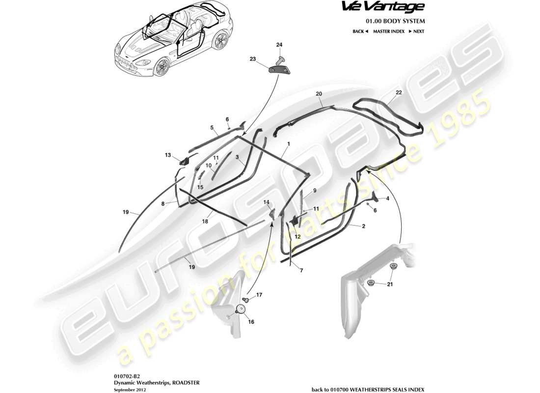 aston martin v12 vantage (2013) dynamic weatherstrips, roadster part diagram