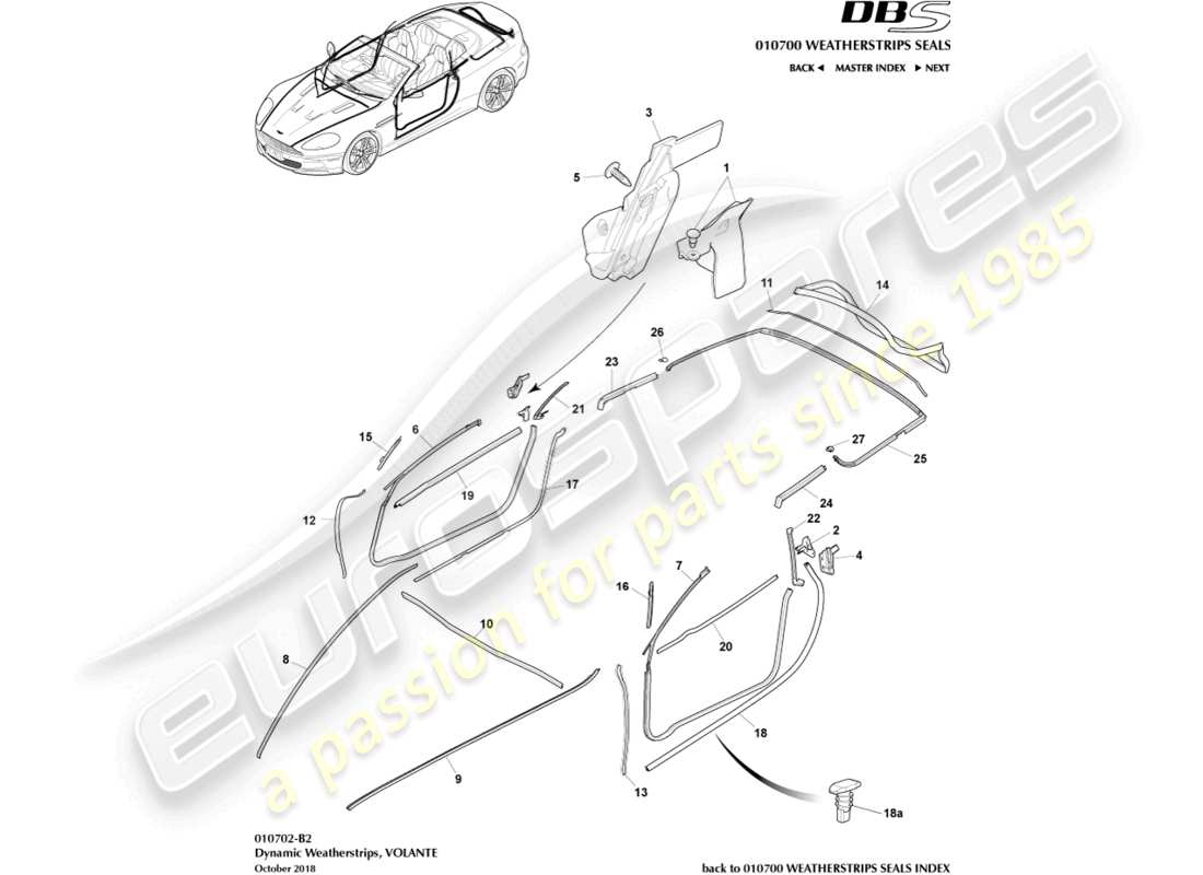 aston martin dbs (2007) dynamic weatherstrips, volante part diagram