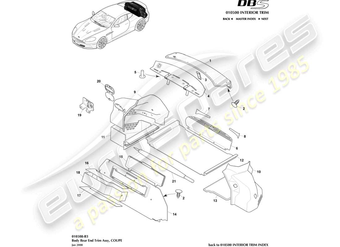 aston martin dbs (2007) rear end trim, coupe part diagram