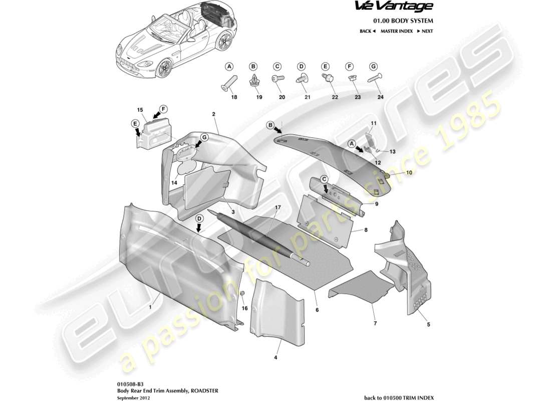 aston martin v12 vantage (2011) load compartment trim, roadster part diagram