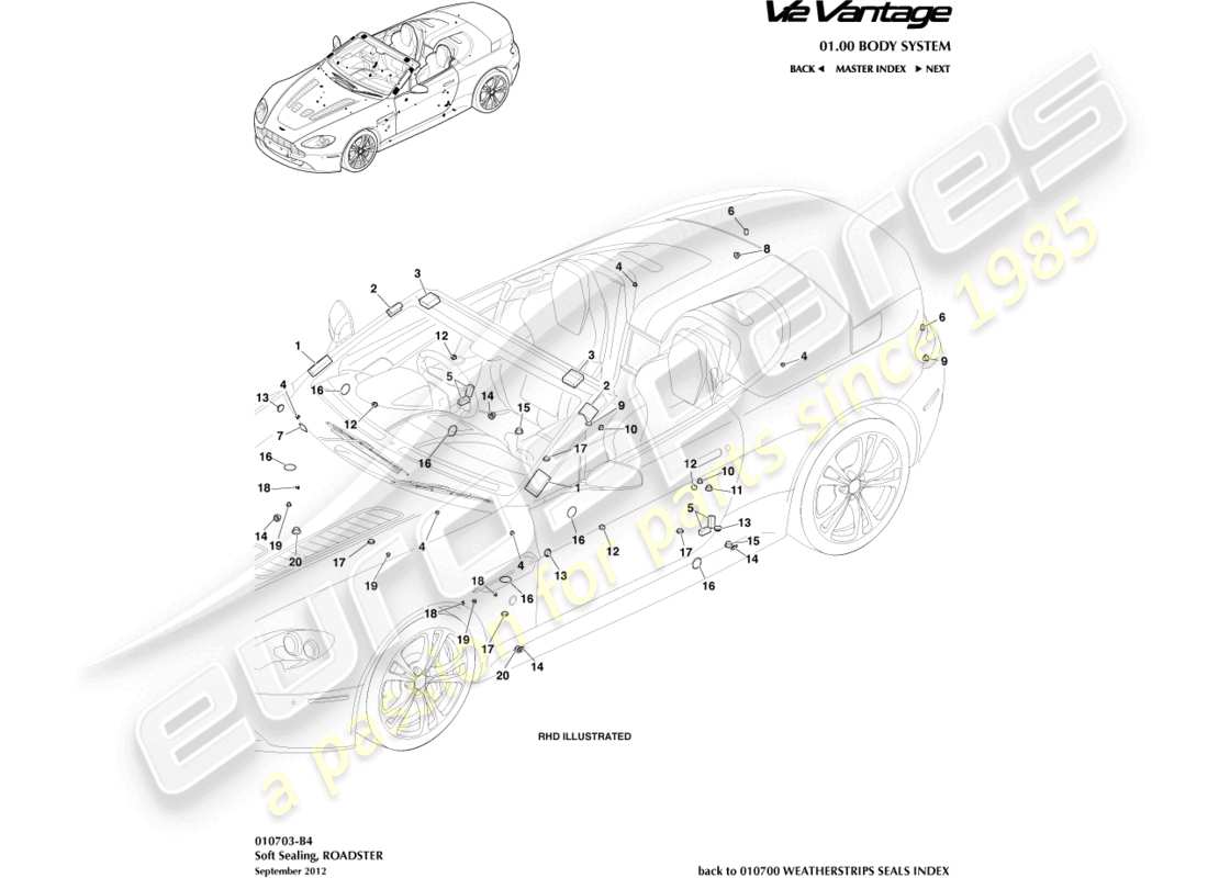 aston martin v12 vantage (2011) soft sealing, roadster part diagram