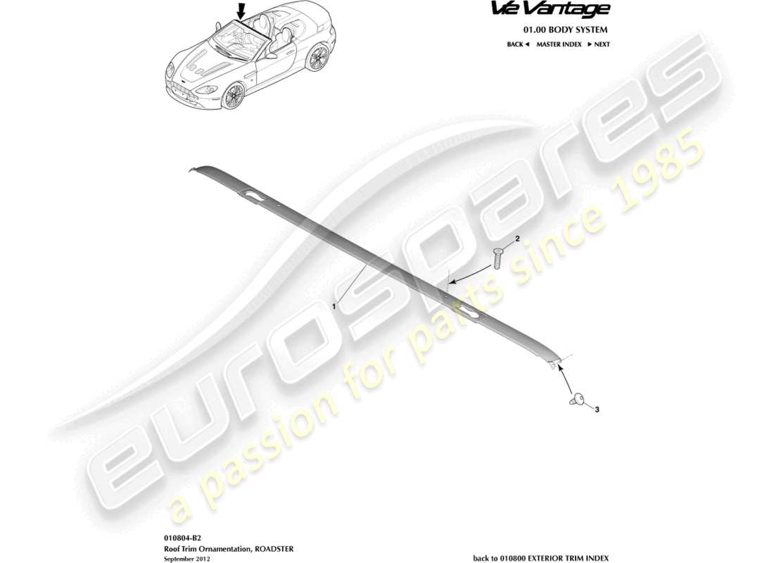 aston martin v12 vantage (2011) roof trim, roadster part diagram
