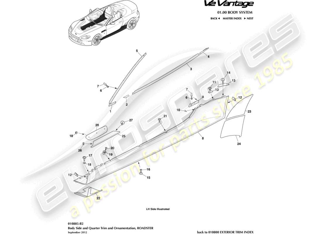 aston martin v12 vantage (2011) bodyside & quarter trim, roadster part diagram
