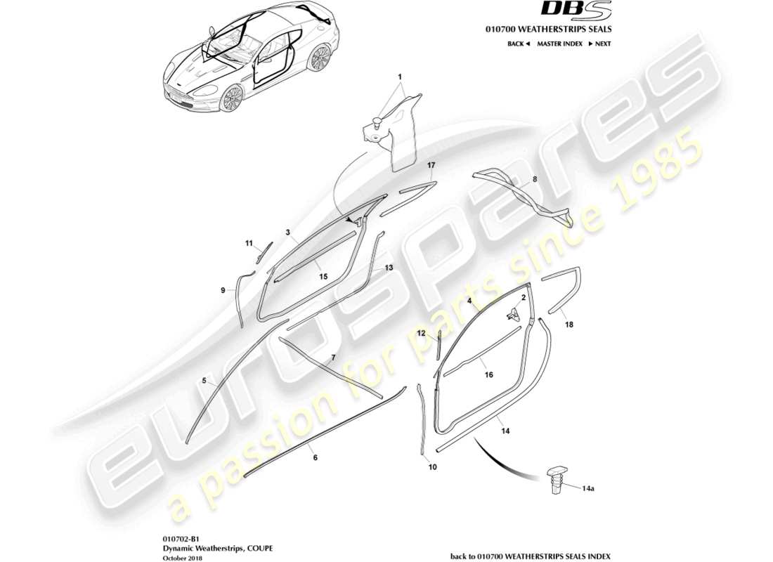 aston martin dbs (2007) dynamic weatherstrips, coupe part diagram