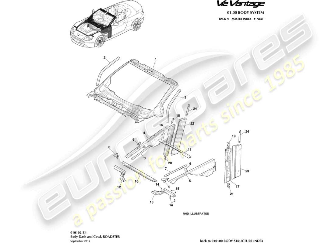 aston martin v12 vantage (2013) body dash and cowl, roadster part diagram