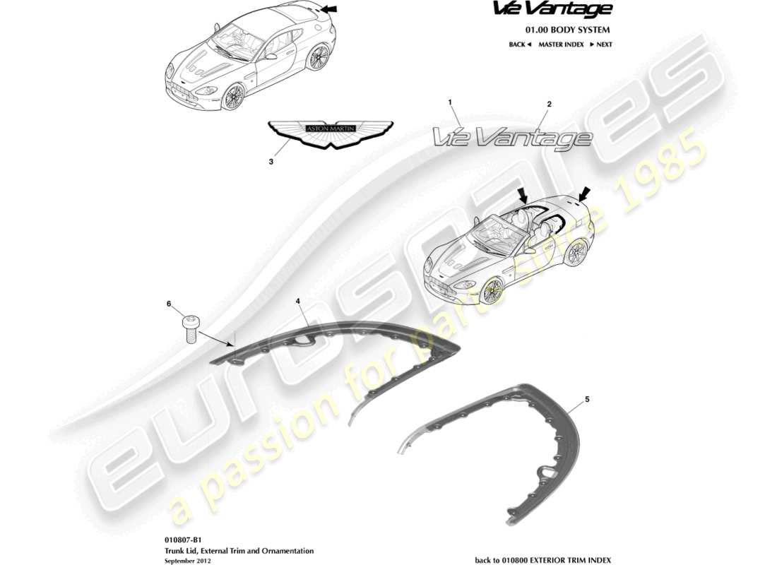 aston martin v12 vantage (2010) trunk lid trim part diagram