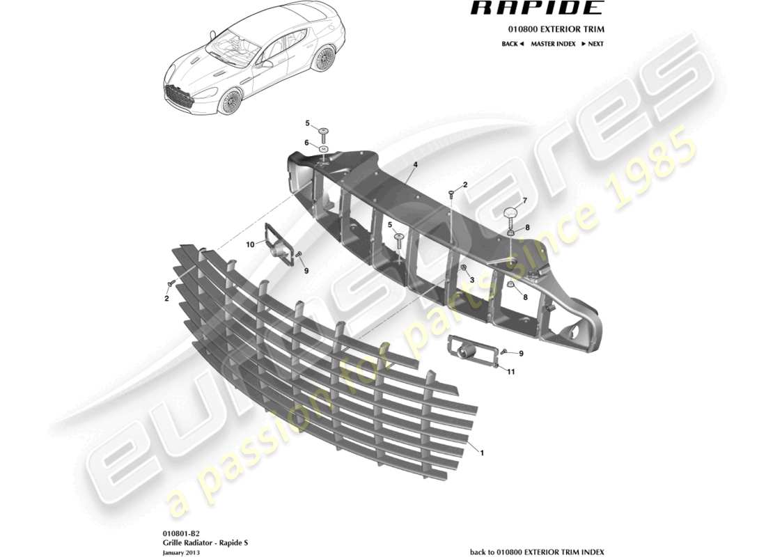 aston martin rapide (2013) radiator grille, s part diagram
