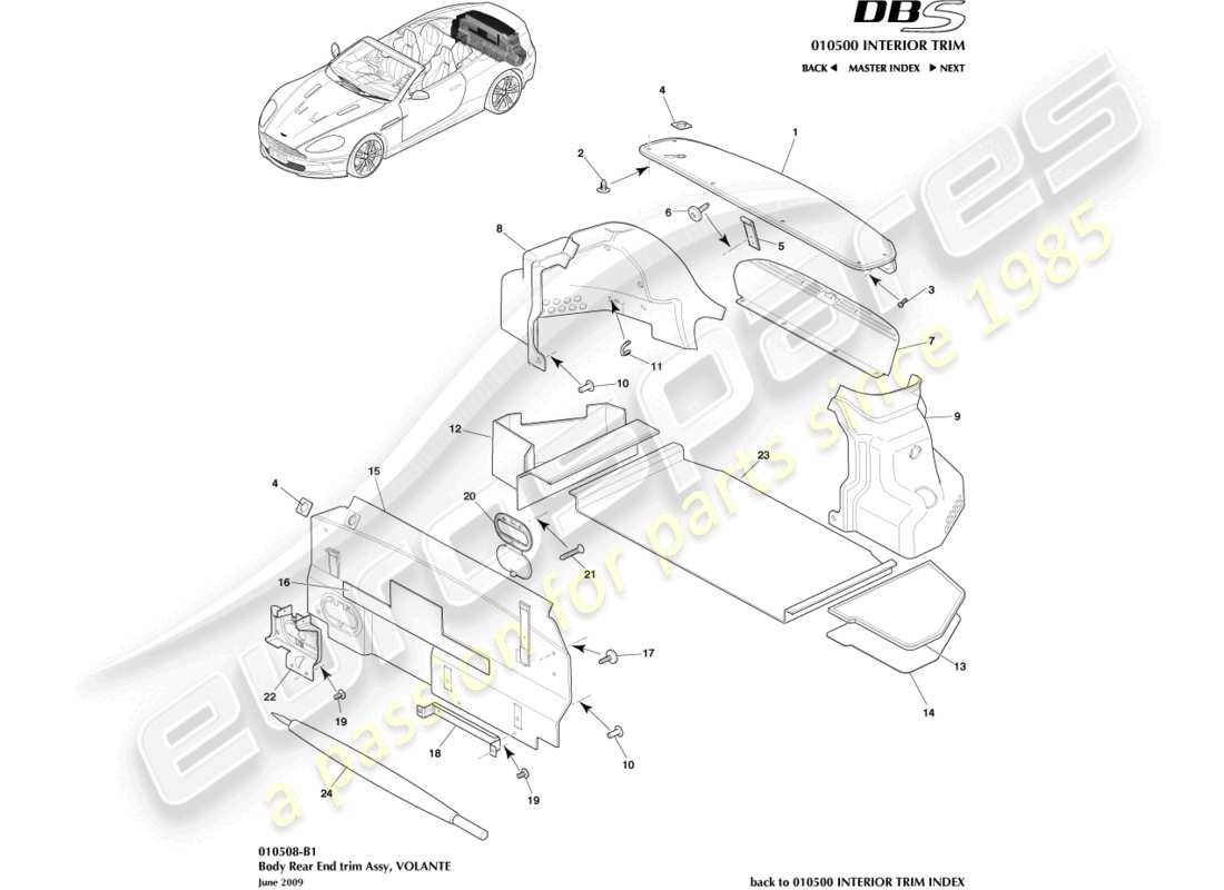 aston martin dbs (2007) rear end trim, volante part diagram