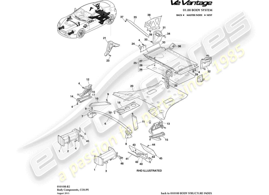 aston martin v12 vantage (2013) body components, coupe part diagram