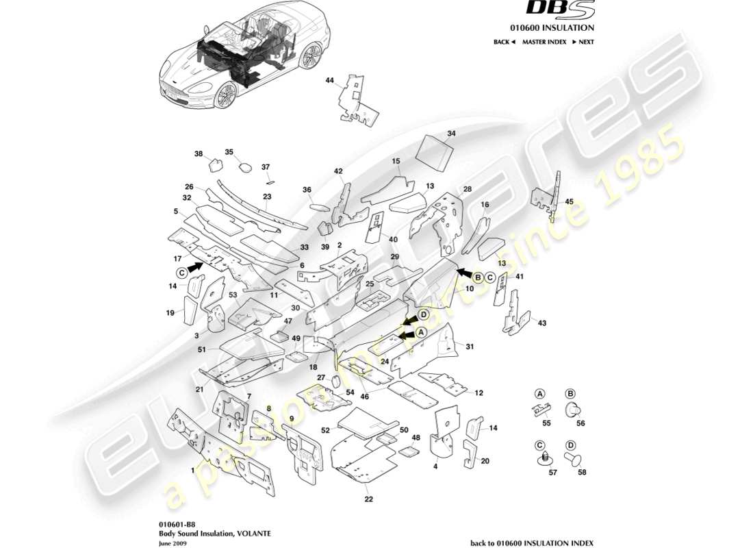 aston martin dbs (2014) body insulation, volante part diagram
