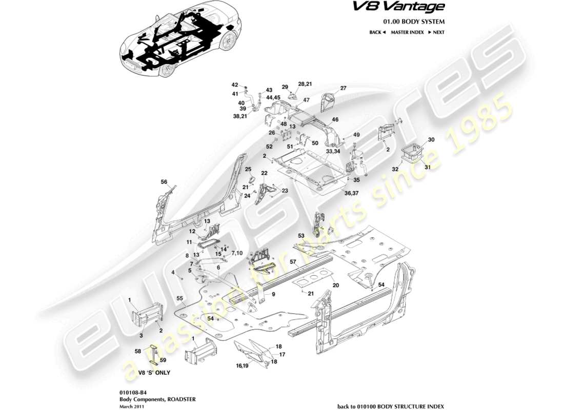 aston martin v8 vantage (2013) body components, roadster part diagram